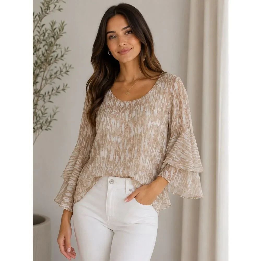 Mystree Tiered Bell Sleeve Keyhole Back Round Neck Top Size L